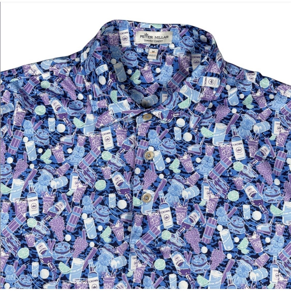 Peter Millar Summer Comfort Men M Blue Purple Caddy Shack Polo Gopher Stretch EC